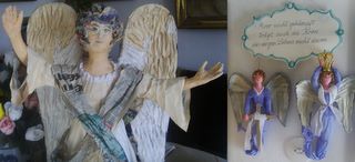 Das ist ein Engel, den die oben erwähnte 85jährige Frau mit Hyperkyphose gemacht hatte. Auf dem Schildchen im Bild rechts steht: 'Wer nicht gekämpft, trägt auch die Kron' des ewgen Lebens nicht davon.'